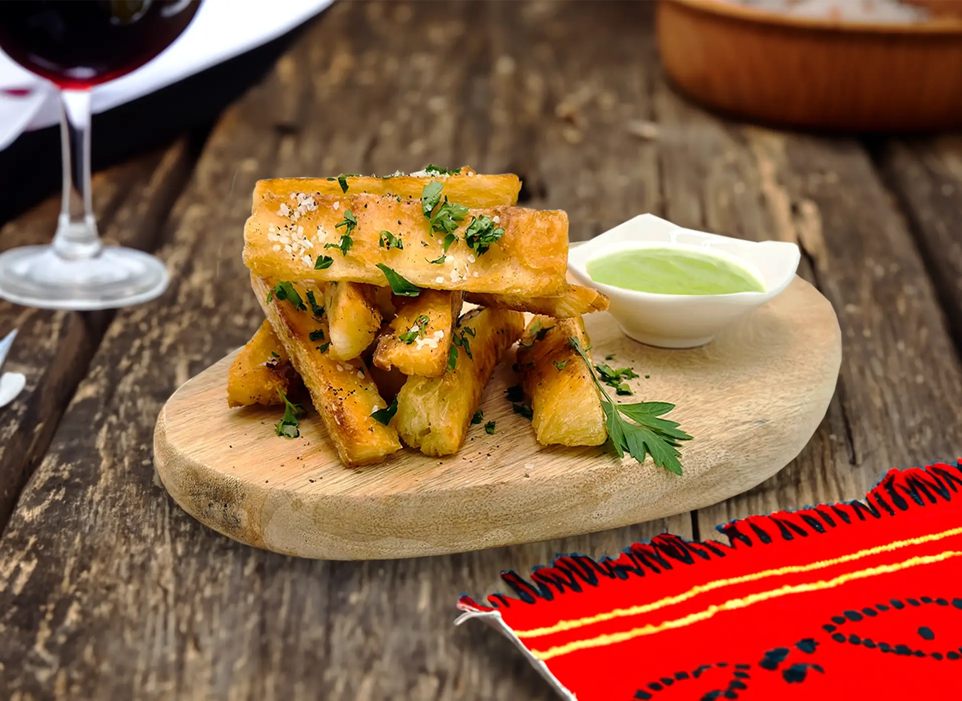 Yuca Fries with Avocado Green Pepper Sauce